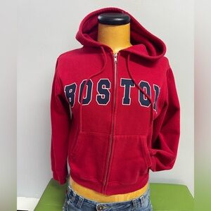 Red Hoodie with zipper . Fits small women or large teenager . Crop style . EUC